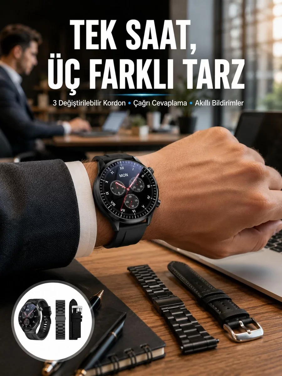 Akıllı Saat Yeni Nesil 3 Kordonlu Nabız Ölçer ve Çağrı Cevaplayan - Sağlık Takibi