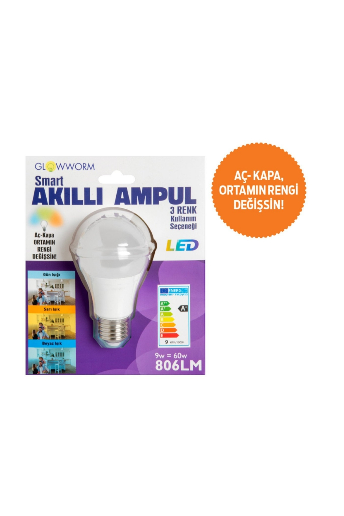 Akıllı Sarı Beyaz Gün Işığı Led Ampul A+ 806 Lümen Akıllı Sarı Beyaz Gün Işığı Led Ampul A+ 806 Lümen