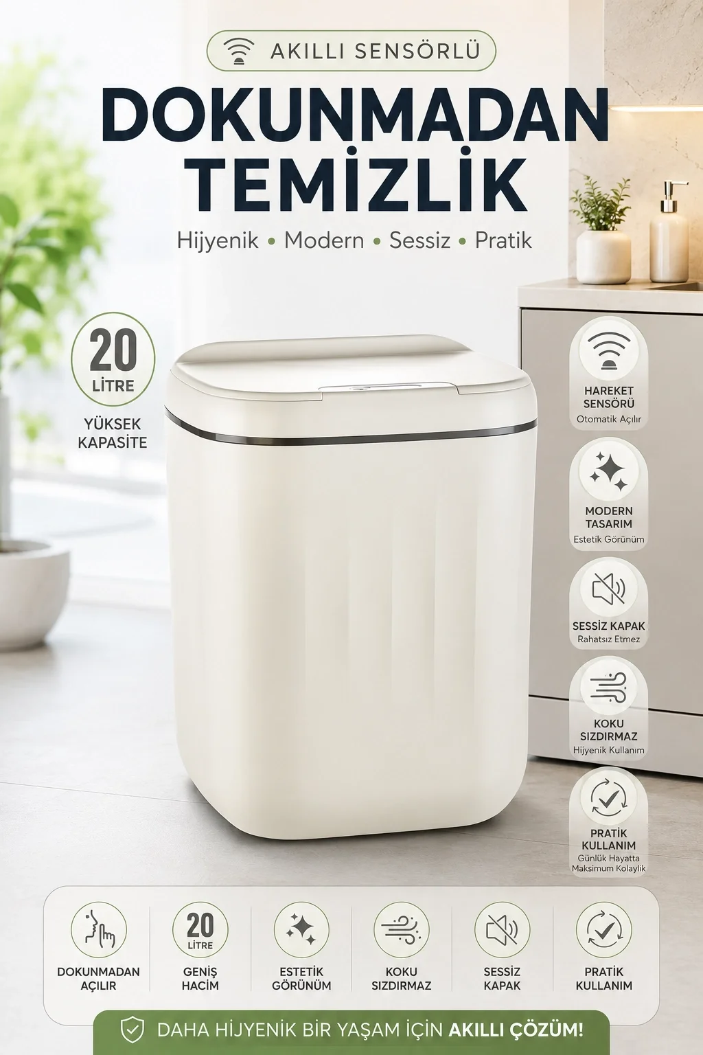 Akıllı Sensörlü 20 Litre Çöp Kovası Sessiz Kapaklı Modern Hijyenik Ev Tipi Çöp Kutusu