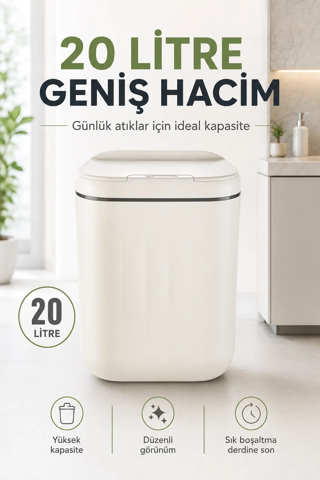Akıllı Sensörlü 20 Litre Çöp Kovası Sessiz Kapaklı Modern Hijyenik Ev Tipi Çöp Kutusu