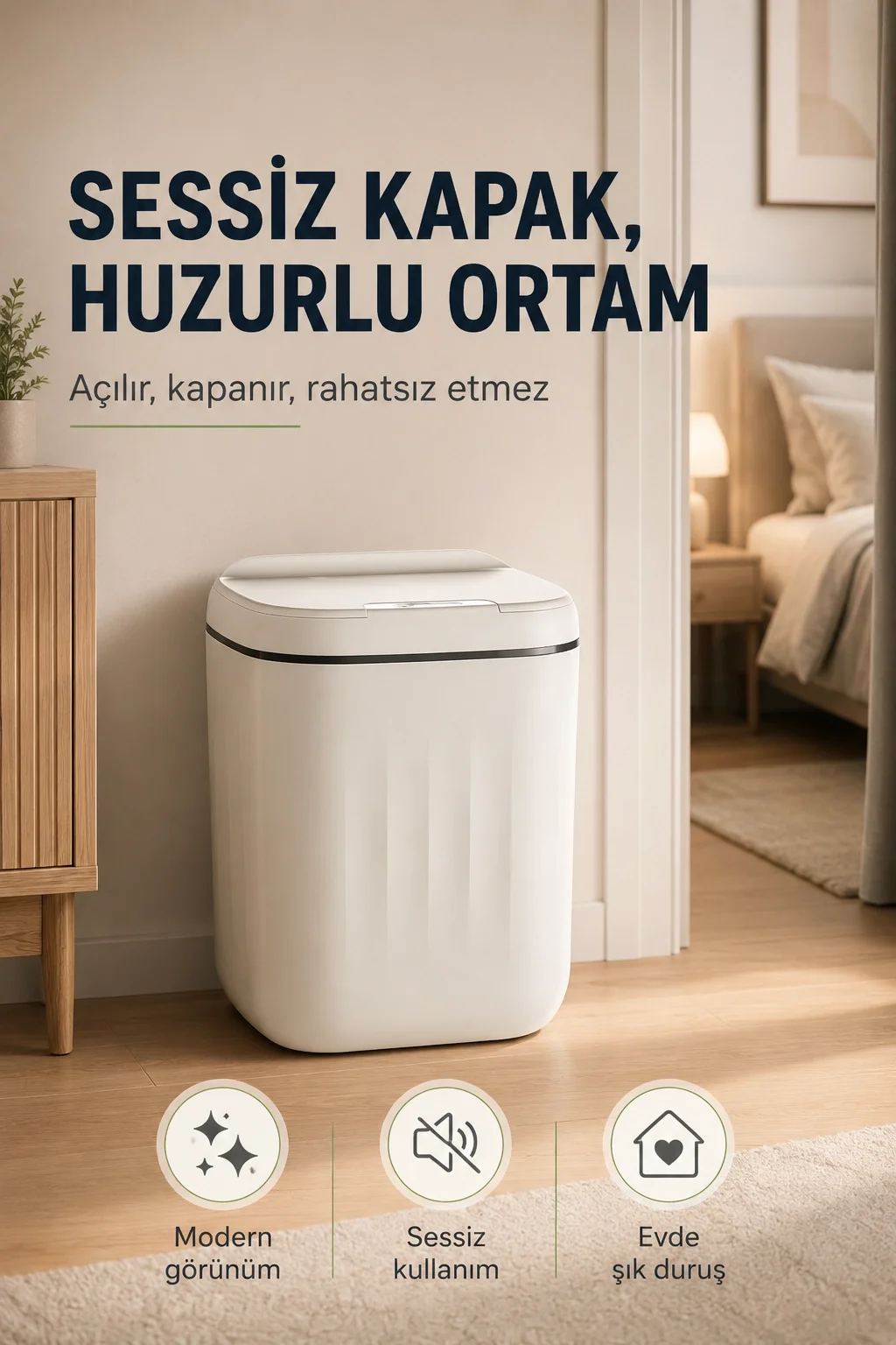 Akıllı Sensörlü 20 Litre Çöp Kovası Sessiz Kapaklı Modern Hijyenik Ev Tipi Çöp Kutusu