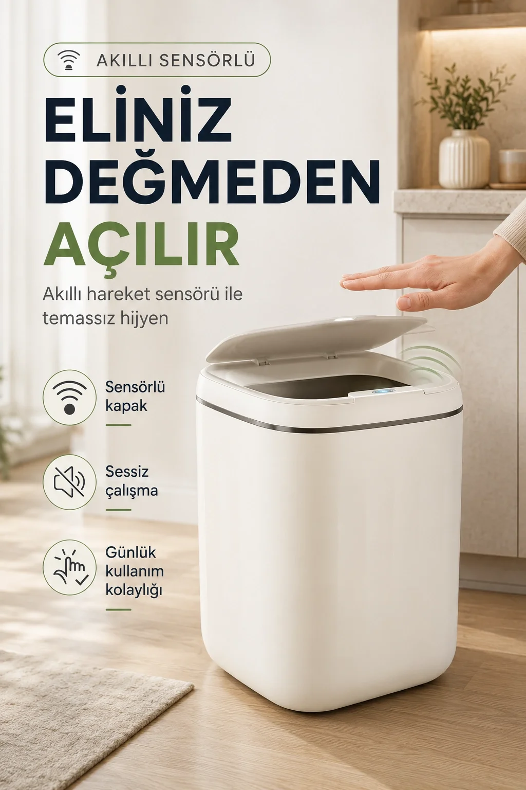 Akıllı Sensörlü 20 Litre Çöp Kovası Sessiz Kapaklı Modern Hijyenik Ev Tipi Çöp Kutusu