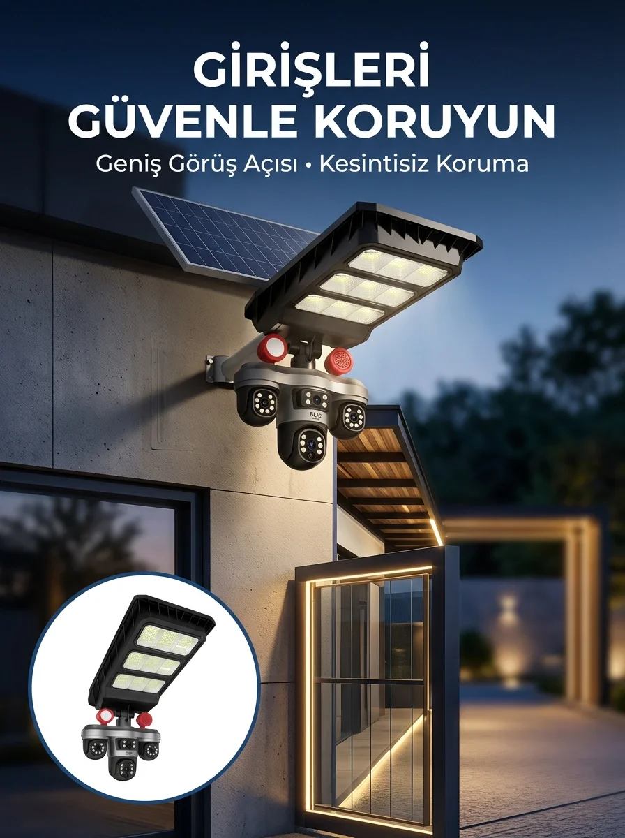 Akıllı Solar Güvenlik Kamerası 3 Lens Hareket Takip Özellikli Dış