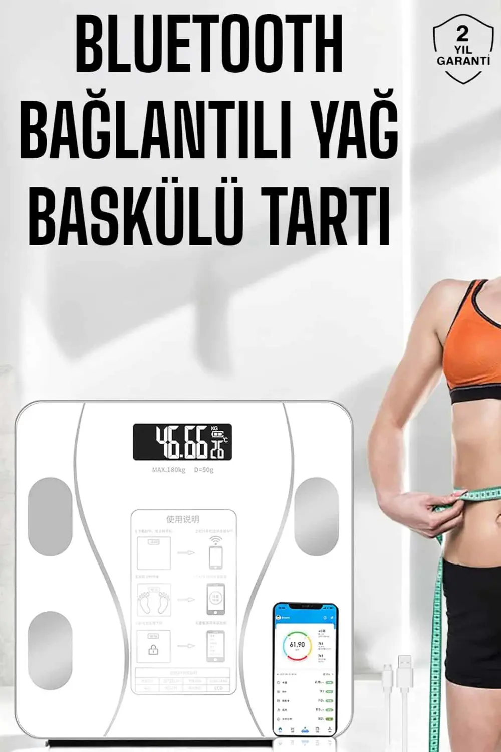 Akıllı Tartı Dijital Baskül Yağ Su Kas Vücut Kitle Kilo Ölçer Tar