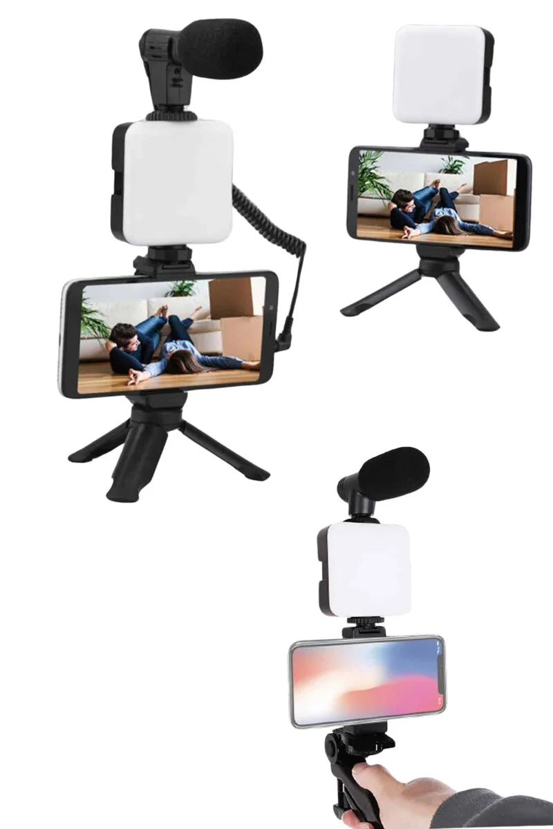 Akıllı Telefon Vlog Kiti: Tripod, Mini Mikrofon ve LED Işık ile Profesyonel Video Çekimi