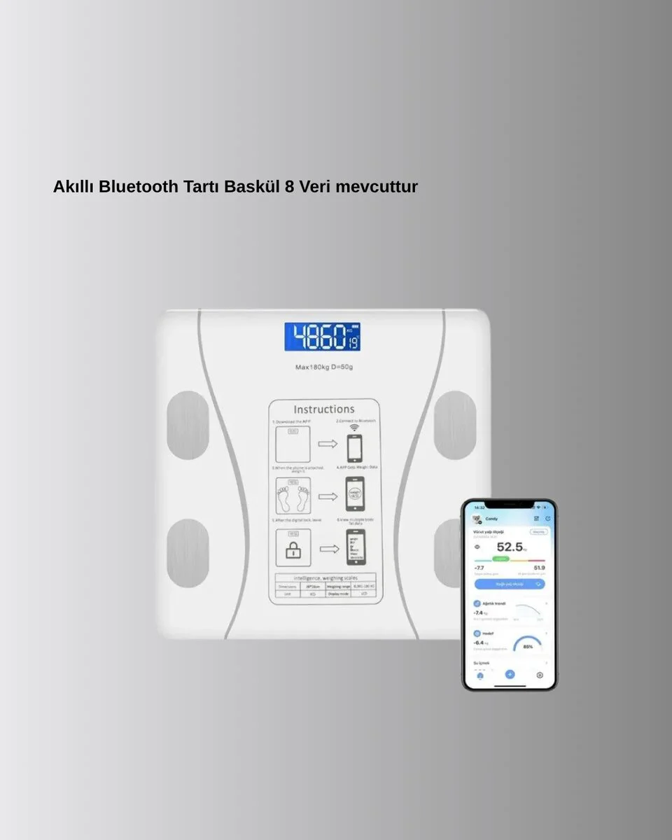 Akıllı Vücut Analiz Tartısı – Bluetooth Bağlantılı 8 Ölçüm Verili Dijital Baskül | Kilo ve Sağlık Takibi