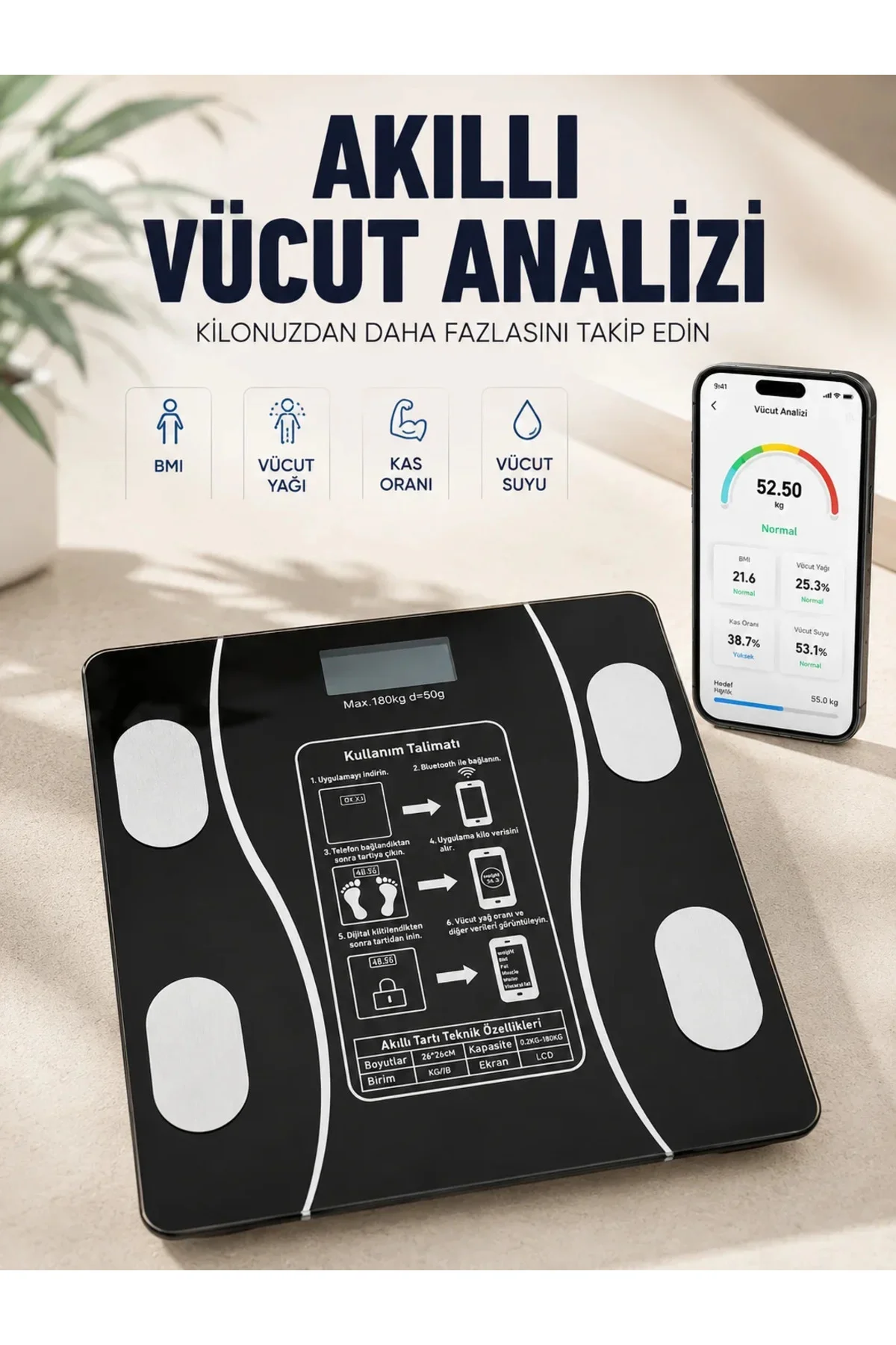 Akıllı Vücut iz Baskülü Bluetooth Bağlantılı 4 Sensörlü LCD Ekranlı Dijital Tartı Akıllı Vücut iz Baskülü Bluetooth Bağlantılı 4 Sensörlü LCD Ekranlı Dijital Tartı