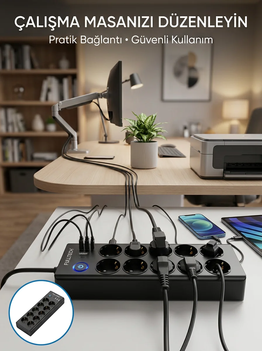 Akım Korumalı 10'lu Çoklu Priz USB-A ve Type-C Şarj Çıkışlı
