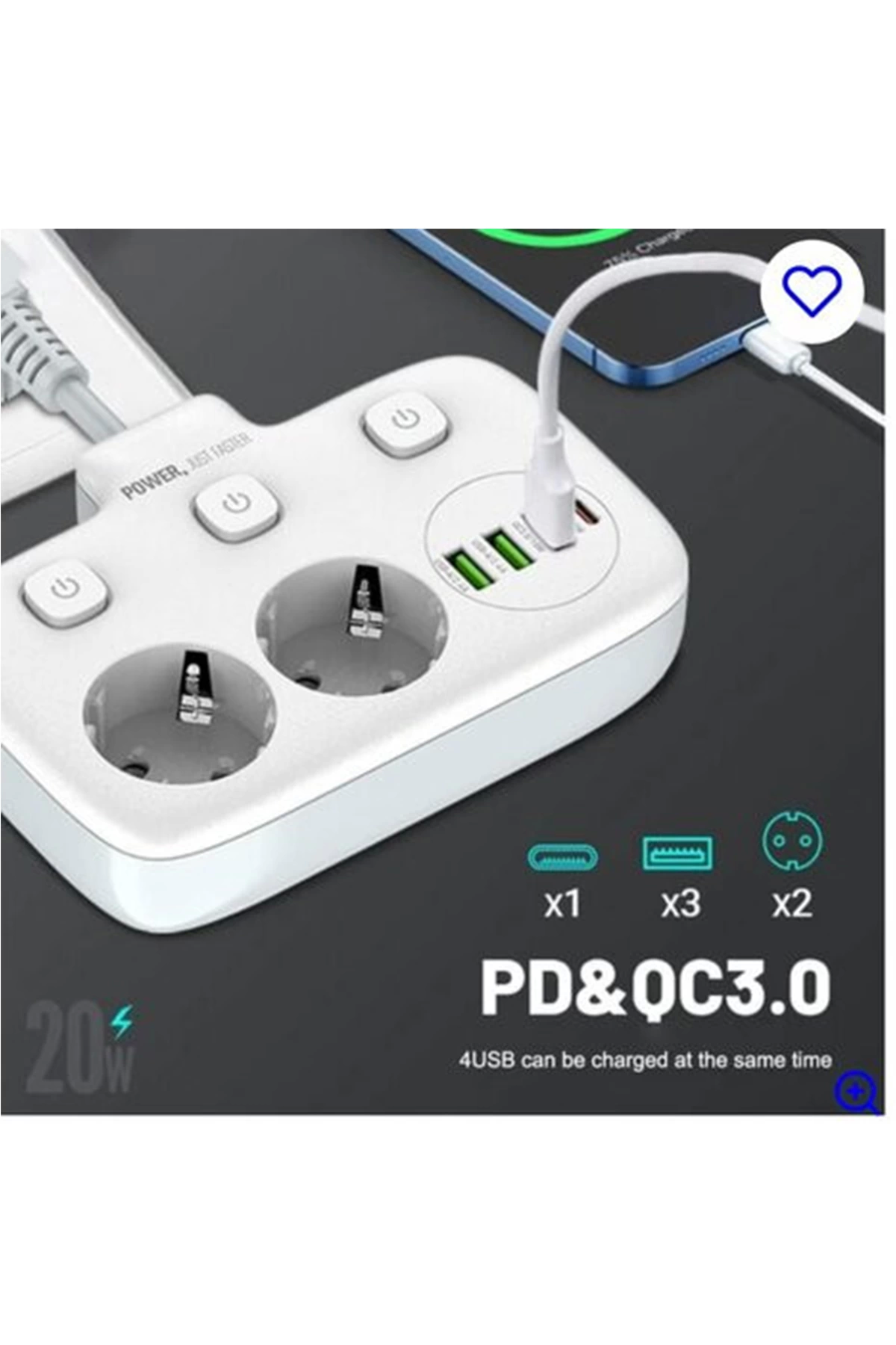 Akım Korumalı 2’li Ayrı Anahtarlı Priz, 2x Priz, 3x Usb, 1x Type-