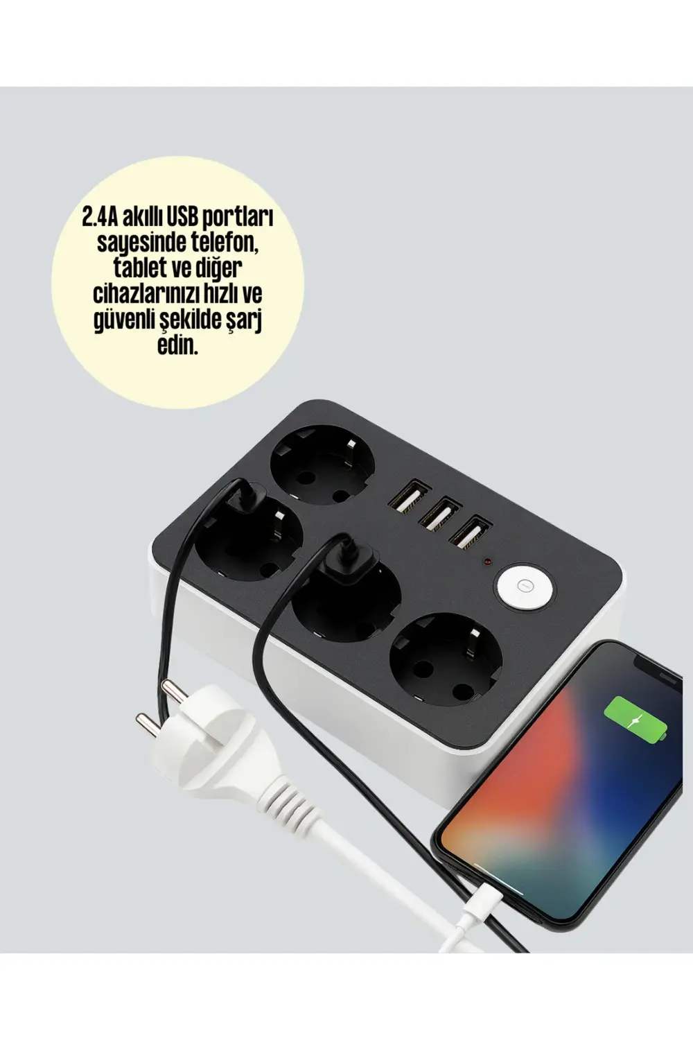 Akım Korumalı 3 USB Portlu 4’lü Priz 4.1A Hızlı Şarj