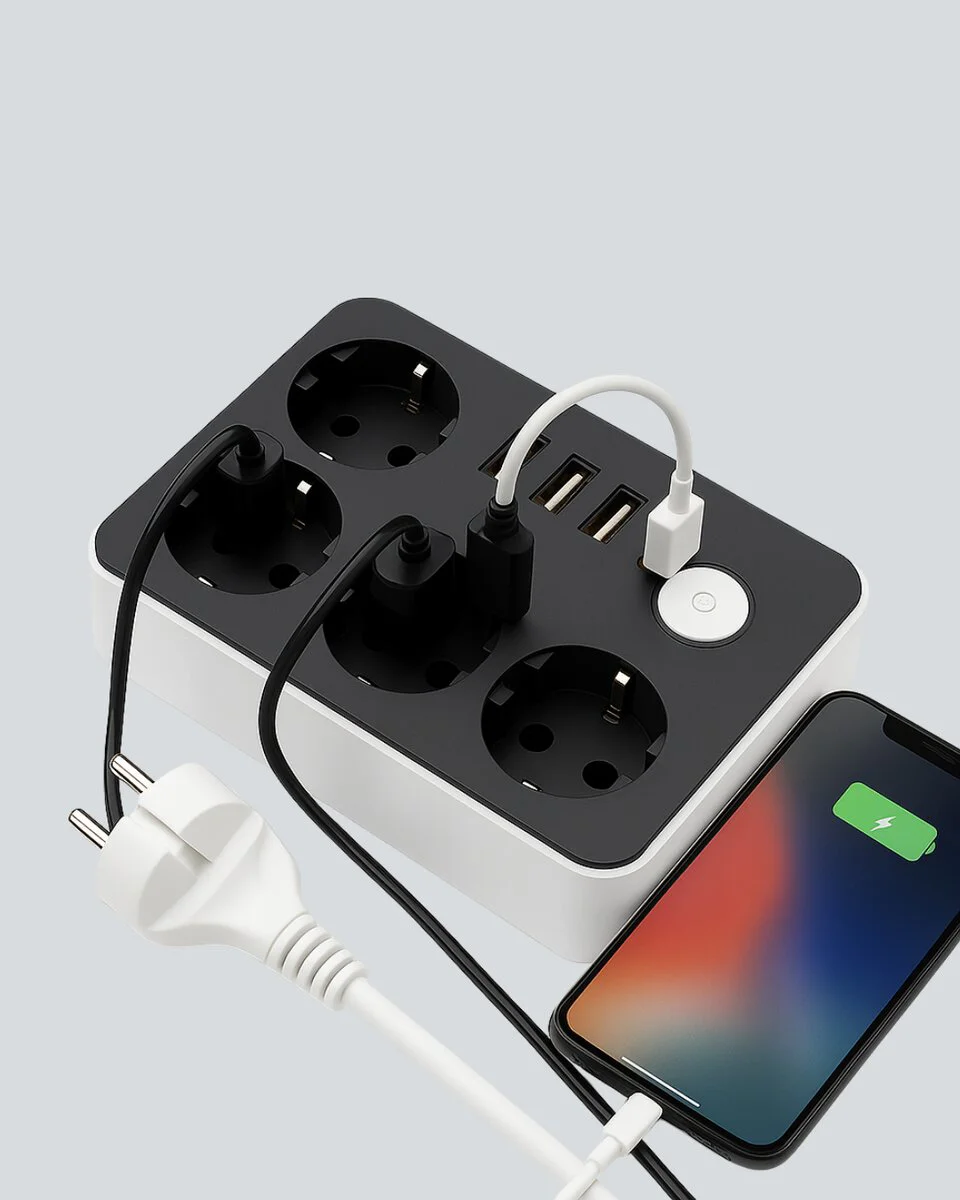 Akım Korumalı 3 USB'li 4’lü Priz - Hızlı Şarj ve Güvenli Güç Dağıtımı