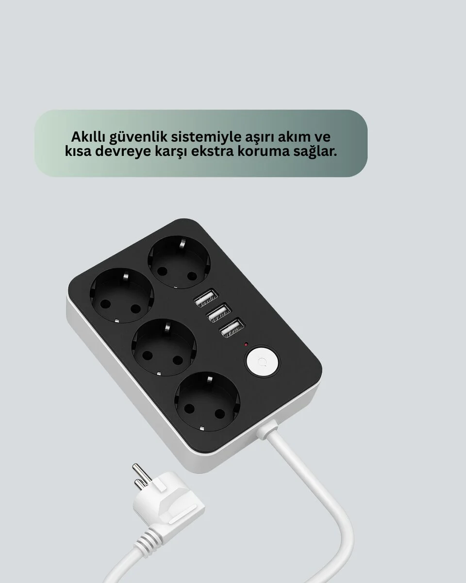 Akım Korumalı 3 USB'li 4’lü Priz - Hızlı Şarj ve Güvenli Güç Dağıtımı