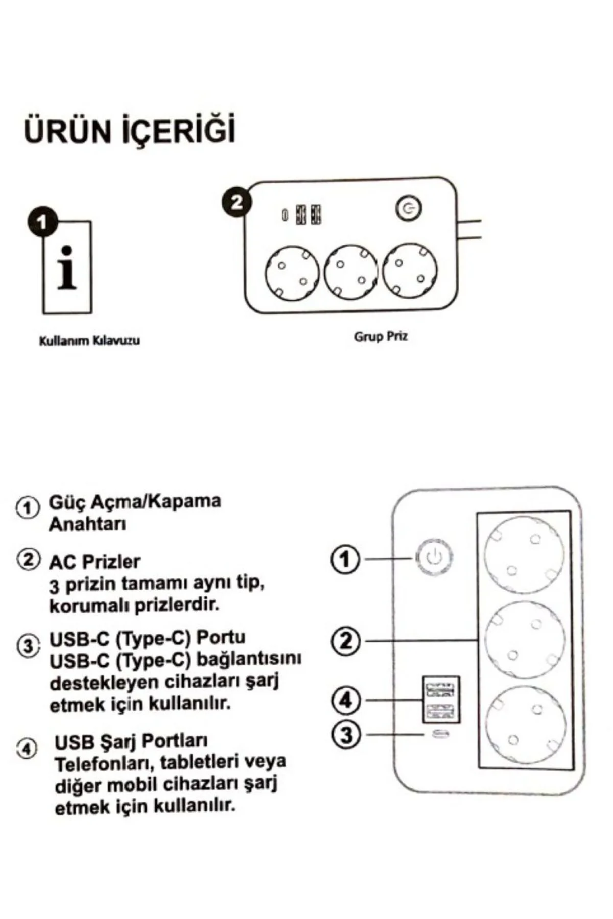 Akım Korumalı 3’lü Priz Çoklayıcı + USB – 2500W, On/Off Anahtarlı, Güvenli Kullanım