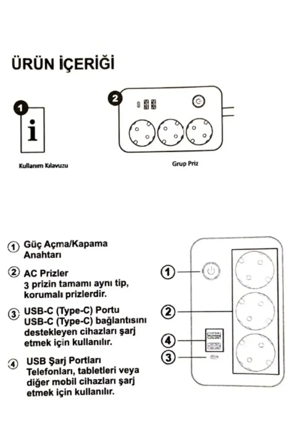 Akım Korumalı 3’lü Priz Çoklayıcı + USB – 2500W, On/Off Anahtarlı