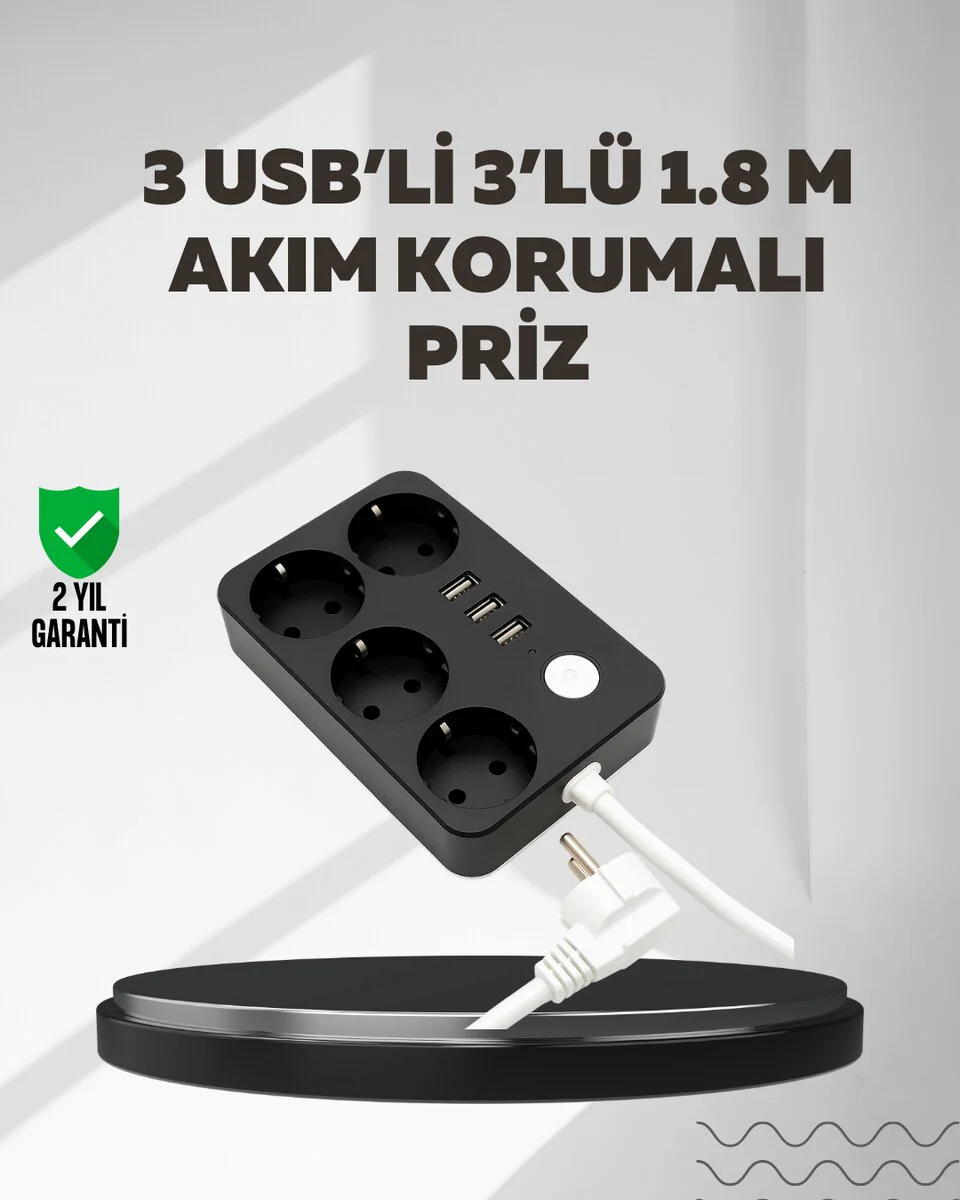 Akım Korumalı 4 Priz ve 3 USB Hızlı Şarjlı Güç Çubuğu - 7 Cihaz Desteği