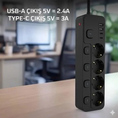 Akım Korumalı 4'lü Priz – 2x USB 2x Type-C Çıkışlı Yüksek Gerilim Koruma Priz Çoğaltıcı Fiyatı, Yorumları ve Özellikleri