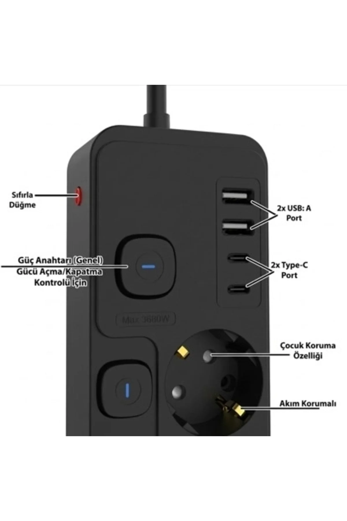 Akım Korumalı 4’Lü Priz 2Xusb 2Xtype-C Çıkış Yüksek Gerilim Koruma Priz Çoğaltıcı - Görsel 4
