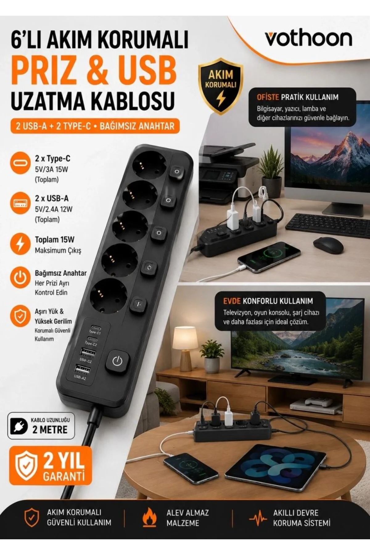 Akım Korumalı 5’li Priz 2xusb 2xtype-c Çıkış Akım Koruma Çoklu Pr