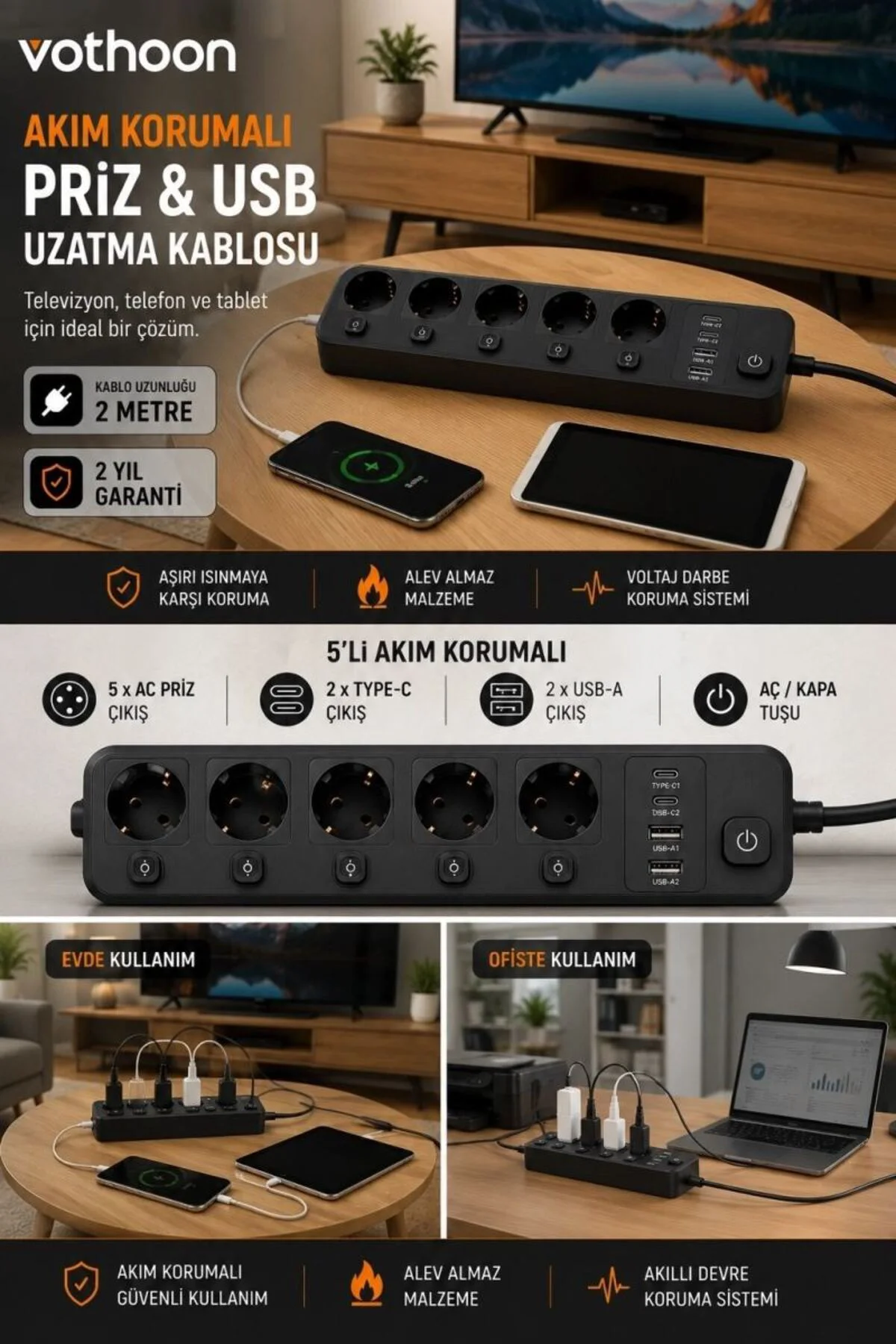 Akım Korumalı 5’li Priz 2xusb 2xtype-c Çıkış Akım Koruma Çoklu Pr