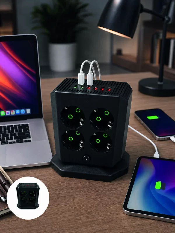 Akım Korumalı 8'li Dikey Priz - USB Type-C Hızlı Şarj Destekli Çoklu Güç İstasyonu