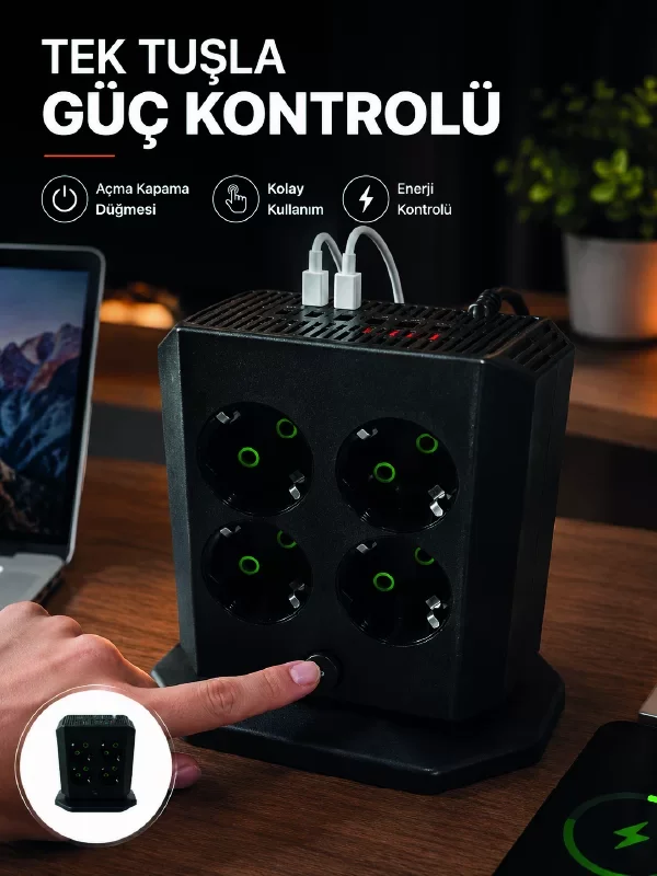 Akım Korumalı 8'li Dikey Priz 4 USB 2 Type-C Hızlı Şarj Destekli 