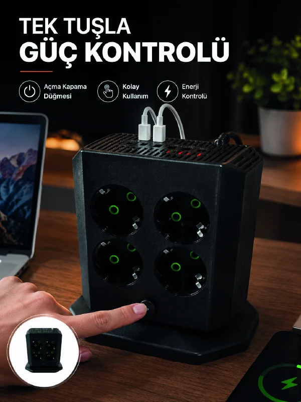 Akım Korumalı 8'li Dikey Priz 4 USB 2 Type-C Hızlı Şarj Destekli Çoklu Priz