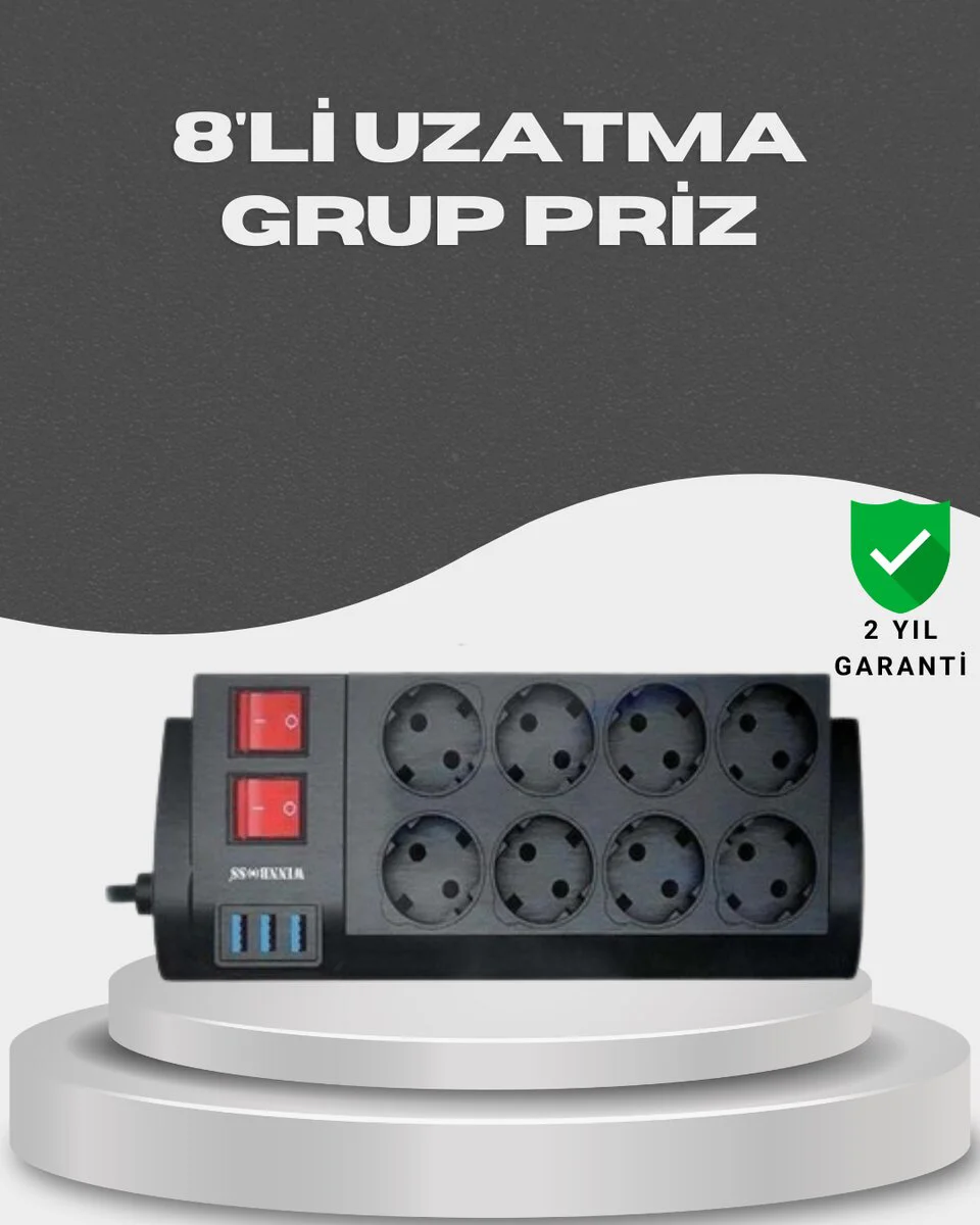 Akım Korumalı 8’li Priz 3 USB Uzatma Kablosu - Isıya Dayanıklı 4000W Güvenli Çözüm