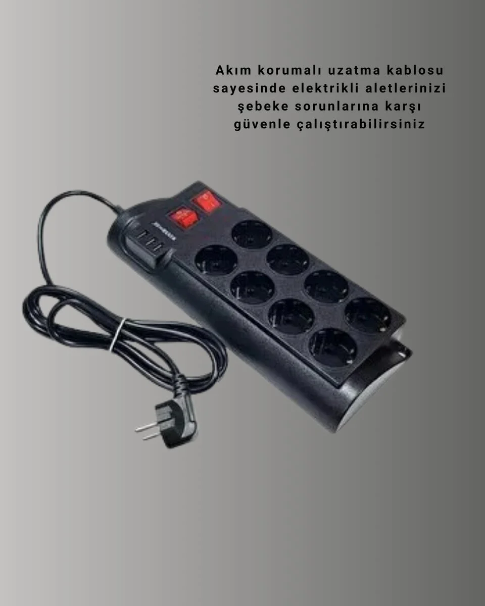 Akım Korumalı 8’li Priz 3 USB Uzatma Kablosu - Isıya Dayanıklı 4000W Güvenli Çözüm