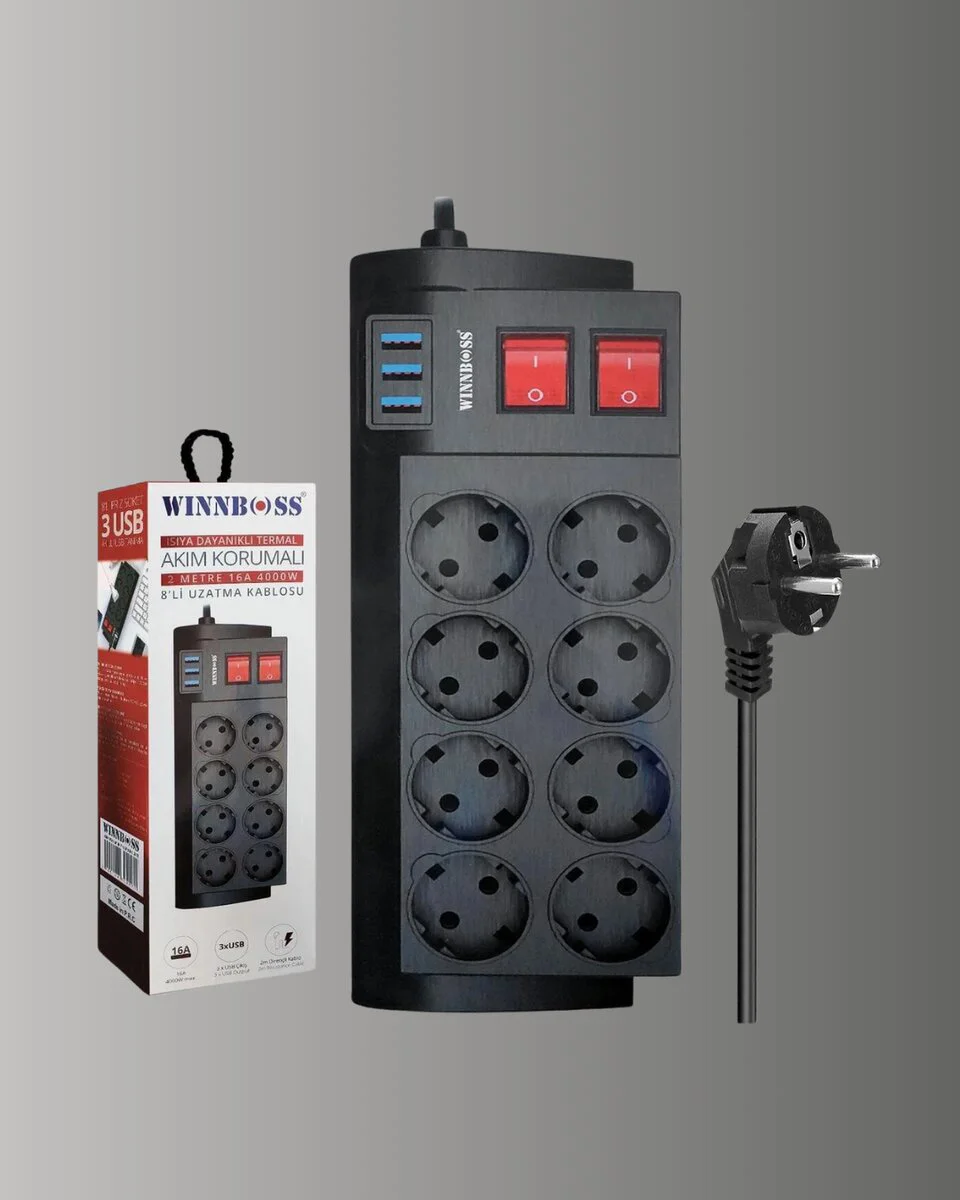 Akım Korumalı 8’li Priz 3 USB’li Uzatma Kablosu Isıya Dayanıklı 2 Metre