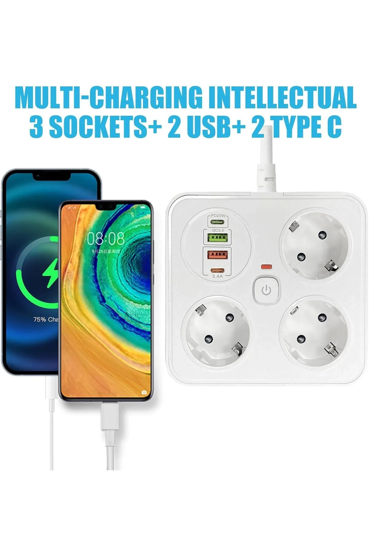Akım Korumalı Anahtarlı Priz - 3x Priz - 2x Usb - 2x Type-c - 2 M