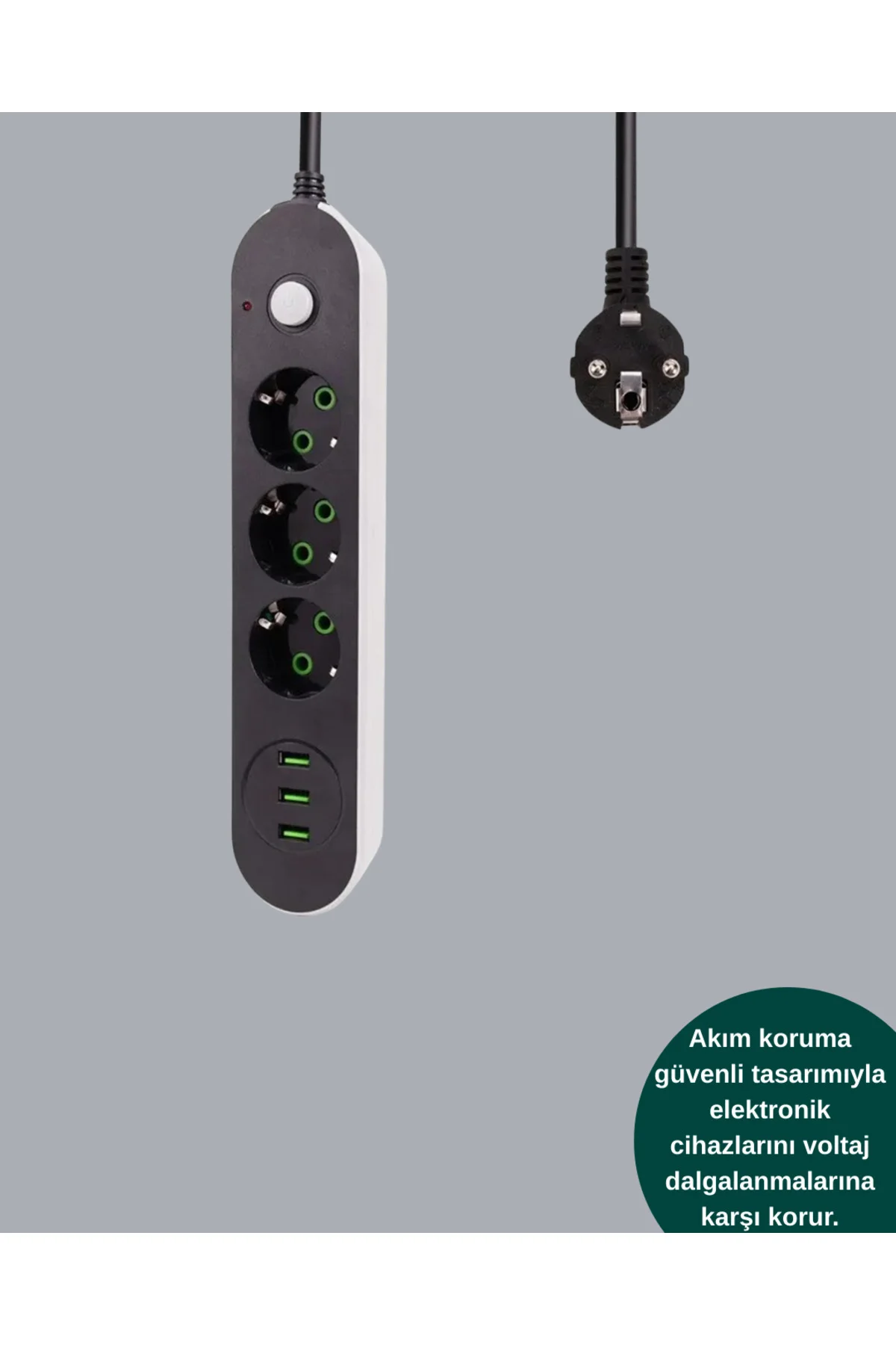Akım Korumalı Anahtarlı USB Girişli Üçlü Priz