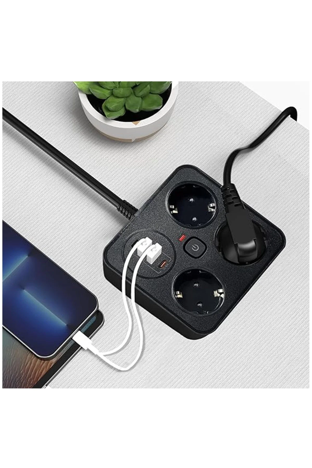 Akım Korumalı Anahtarlı Priz - 3x Priz - 2x Usb - 2x Type-c - 2 Mt Kablo Hızlı Şarj Özellikli Siyah Akım Korumalı Anahtarlı Priz - 3x Priz - 2x Usb - 2x Type-c - 2 Mt Kablo Hızlı Şarj Özellikli Siyah
