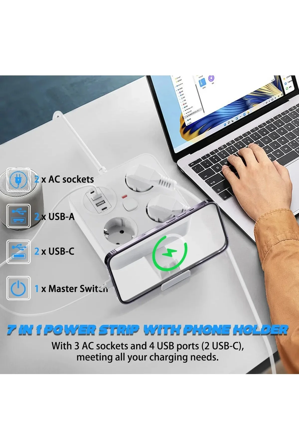 Akım Korumalı Anahtarlı Priz - 3x Priz - 2x Usb - 2x Type-c - 2 Mt Kablo Hızlı Şarj Özellikli Siyah Akım Korumalı Anahtarlı Priz - 3x Priz - 2x Usb - 2x Type-c - 2 Mt Kablo Hızlı Şarj Özellikli Siyah