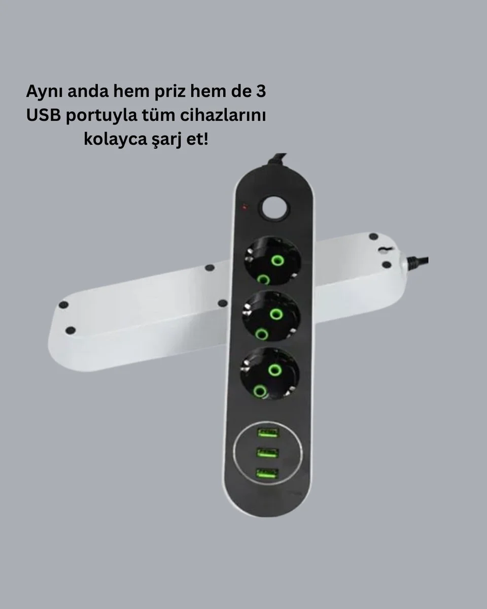 Akım Korumalı Anahtarlı USB Girişli Üçlü Priz
