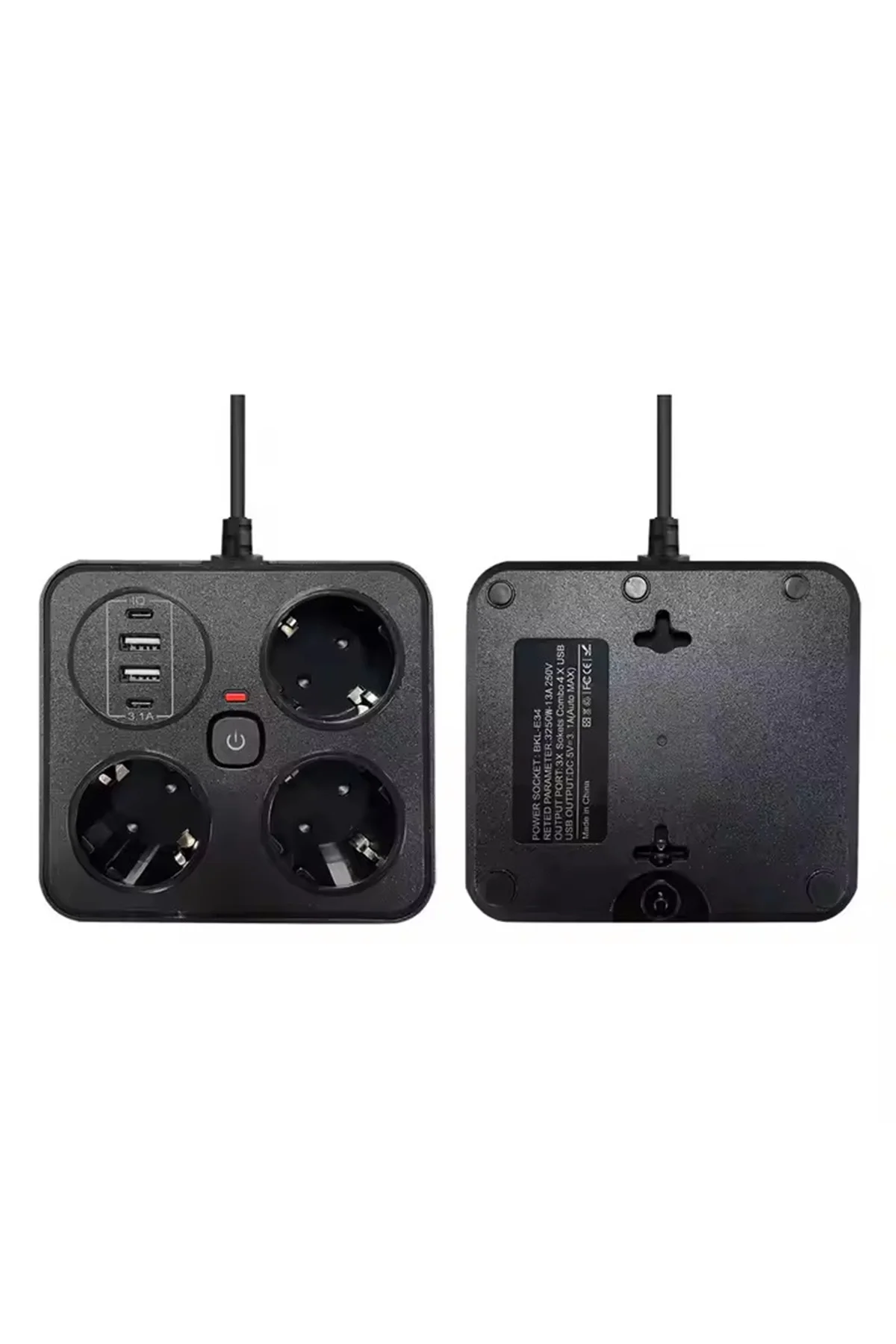 Akım Korumalı Anahtarlı Priz - 3x Priz - 2x Usb - 2x Type-c - 2 Mt Kablo Hızlı Şarj Özellikli Siyah Akım Korumalı Anahtarlı Priz - 3x Priz - 2x Usb - 2x Type-c - 2 Mt Kablo Hızlı Şarj Özellikli Siyah