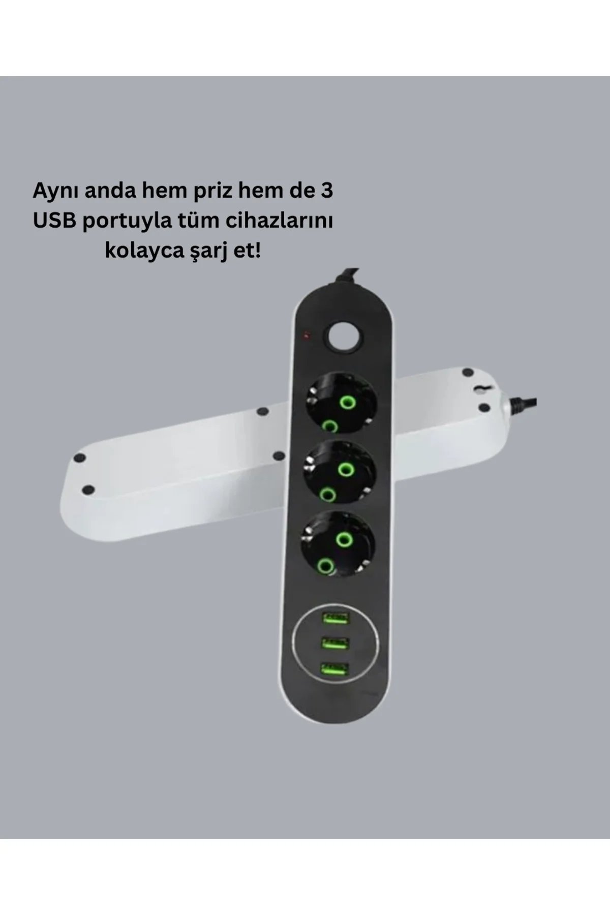 Akım Korumalı Anahtarlı USB Girişli Üçlü Priz