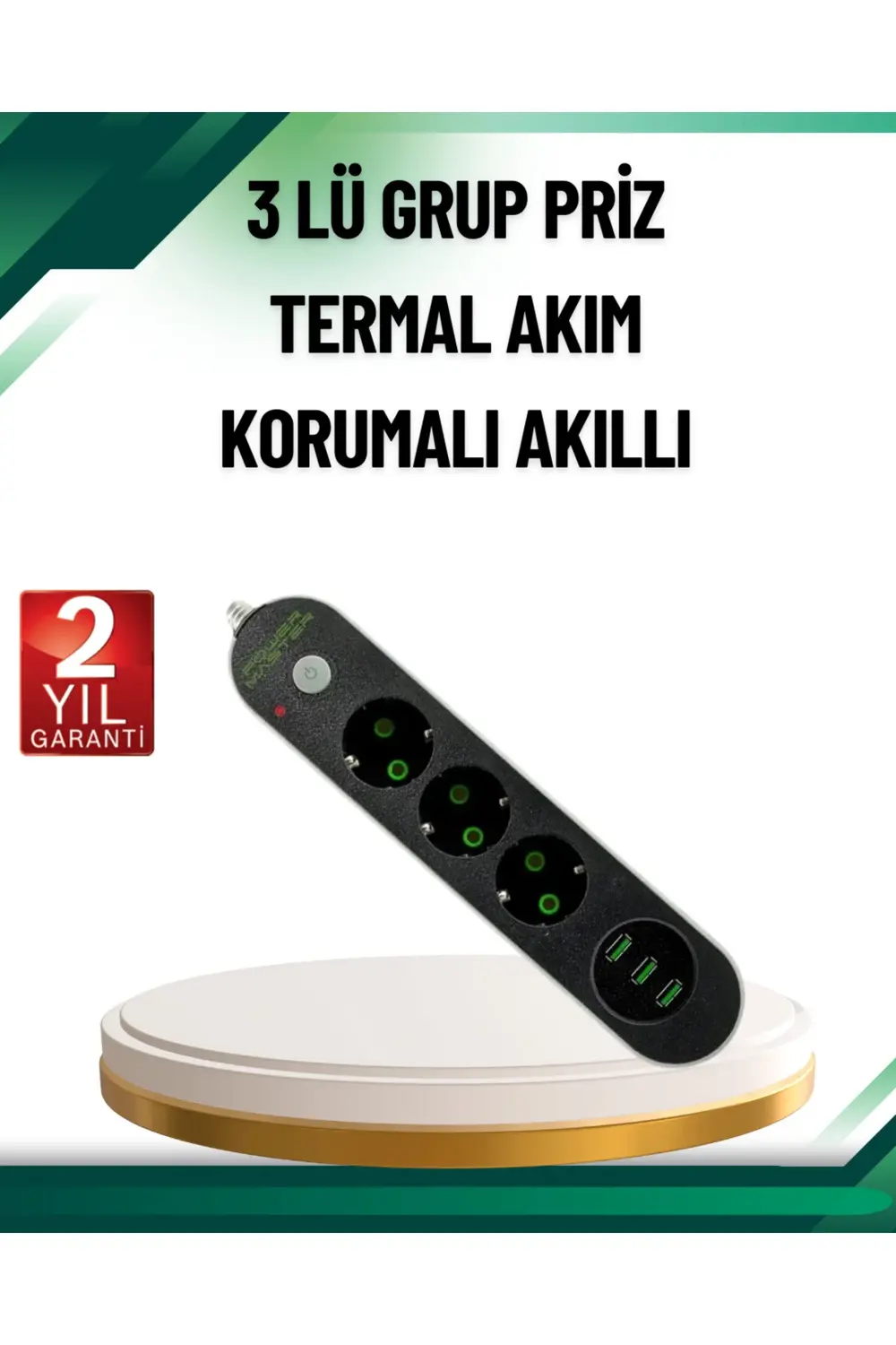 Akım Korumalı Anahtarlı USB Girişli Üçlü Priz