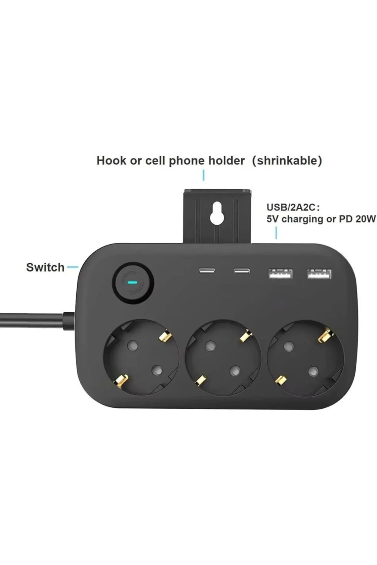 Akım Korumalı Çoklu Priz, 2 Adet USB, 2 Adet Type-C Girişi, 3 Ade