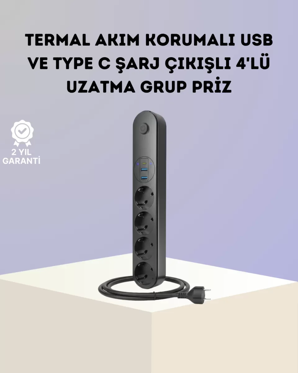 Akım Korumalı Çoklu Priz 4’lü 2 USB 1 Type-C 2500W Güçlü Tasarım - Lisinya