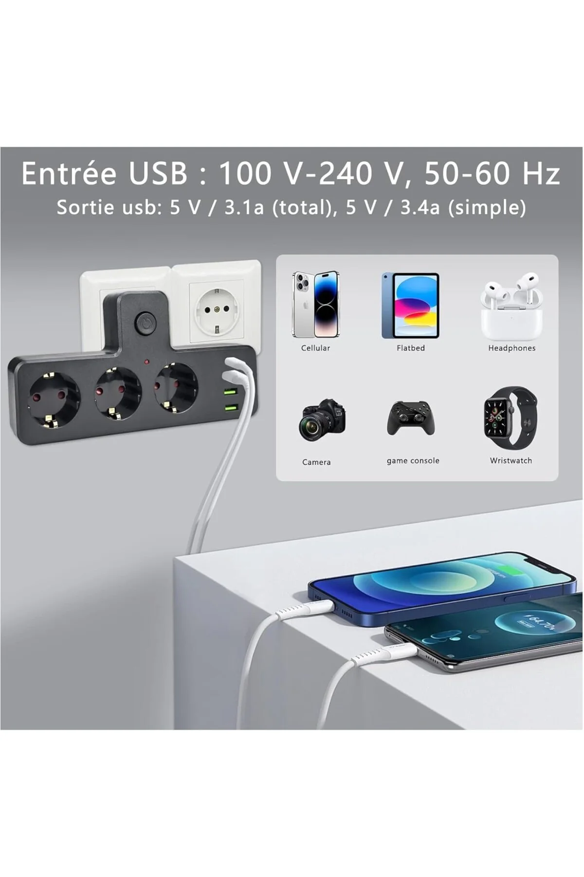 Akım Korumalı Çoklu Priz, 3 Adet USB 1 Adet Type-C Girişi, 3 Adet