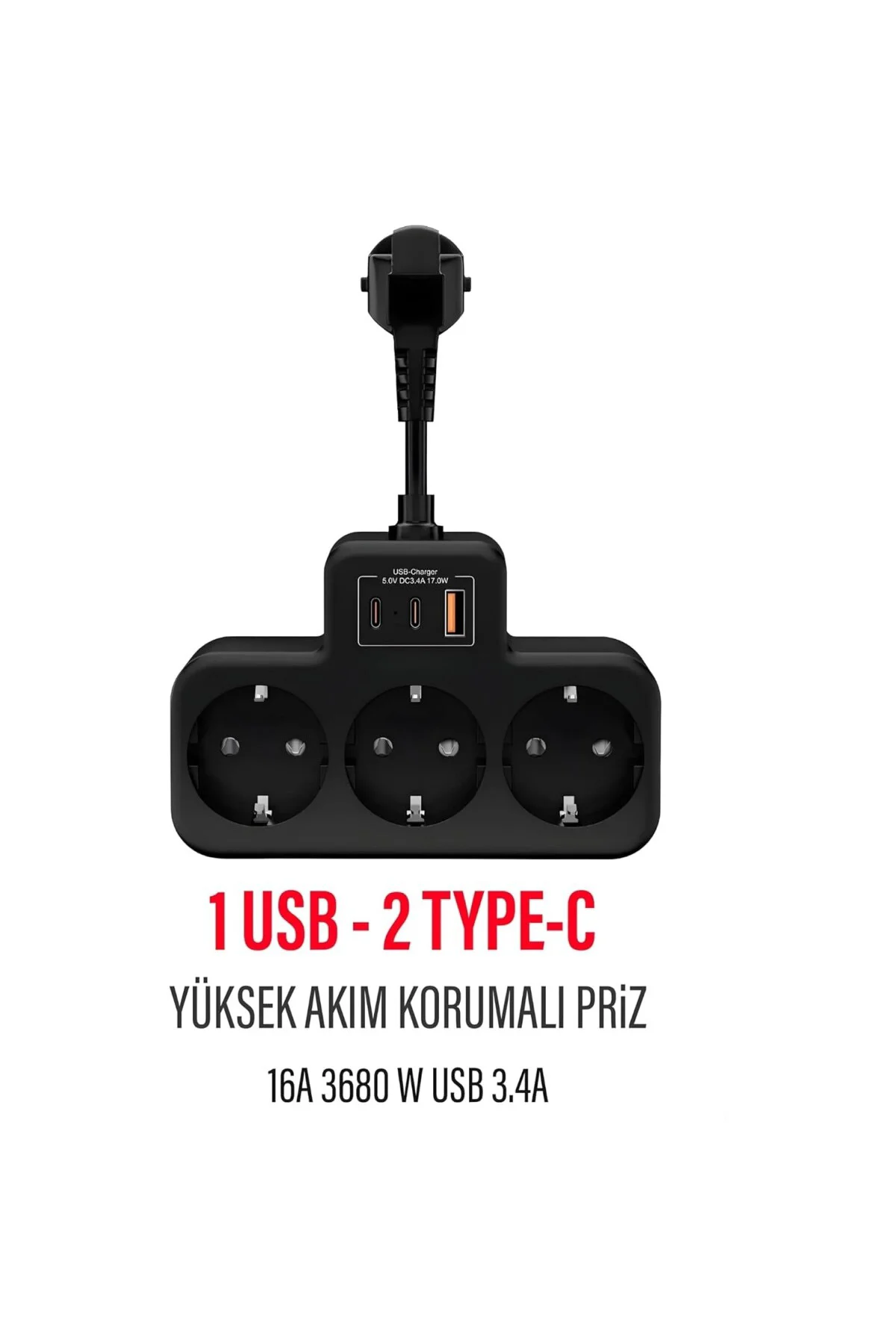 Akım Korumalı Çoklu Priz, 3 Adet Priz Girişi, 1 Adet USB ve 2 Ade