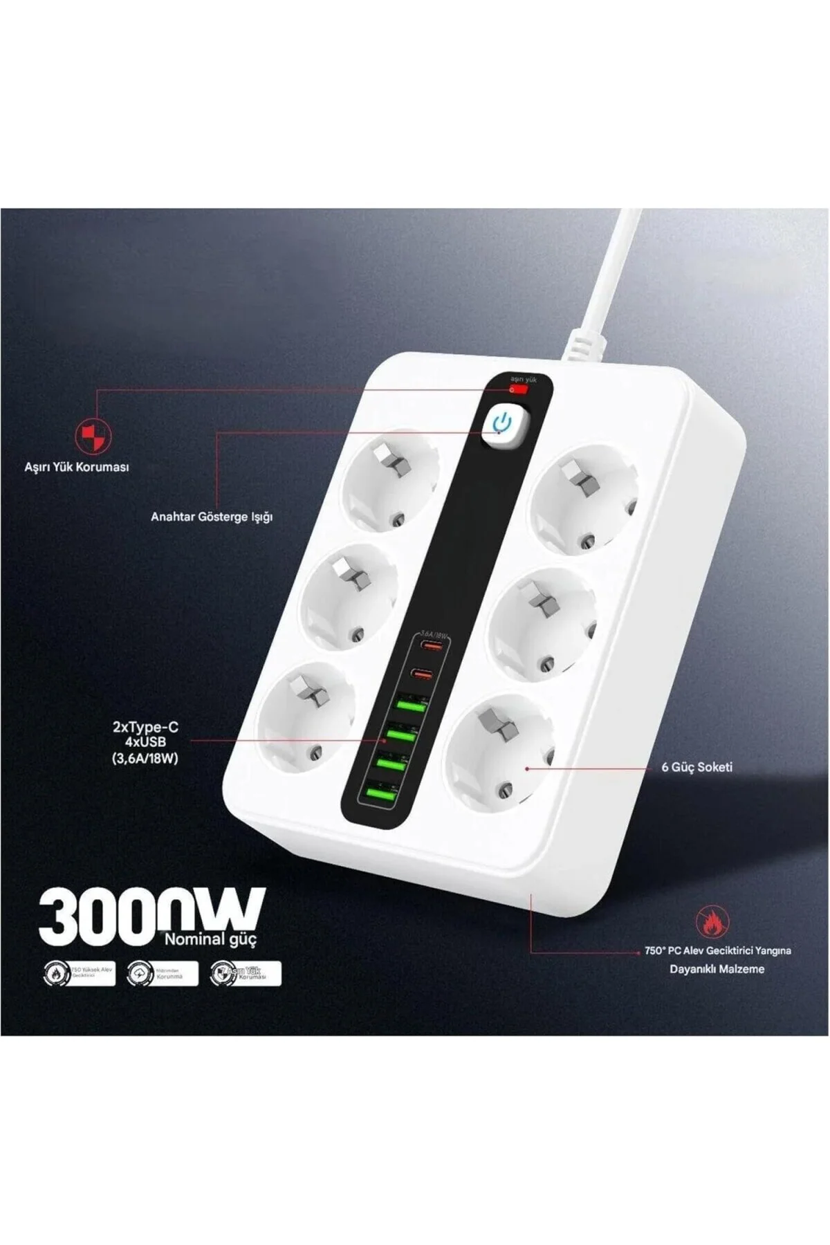 Akım Korumalı Çoklu Priz, 6 Priz Girişi 4 USB 2 Type-C Şarj İstas