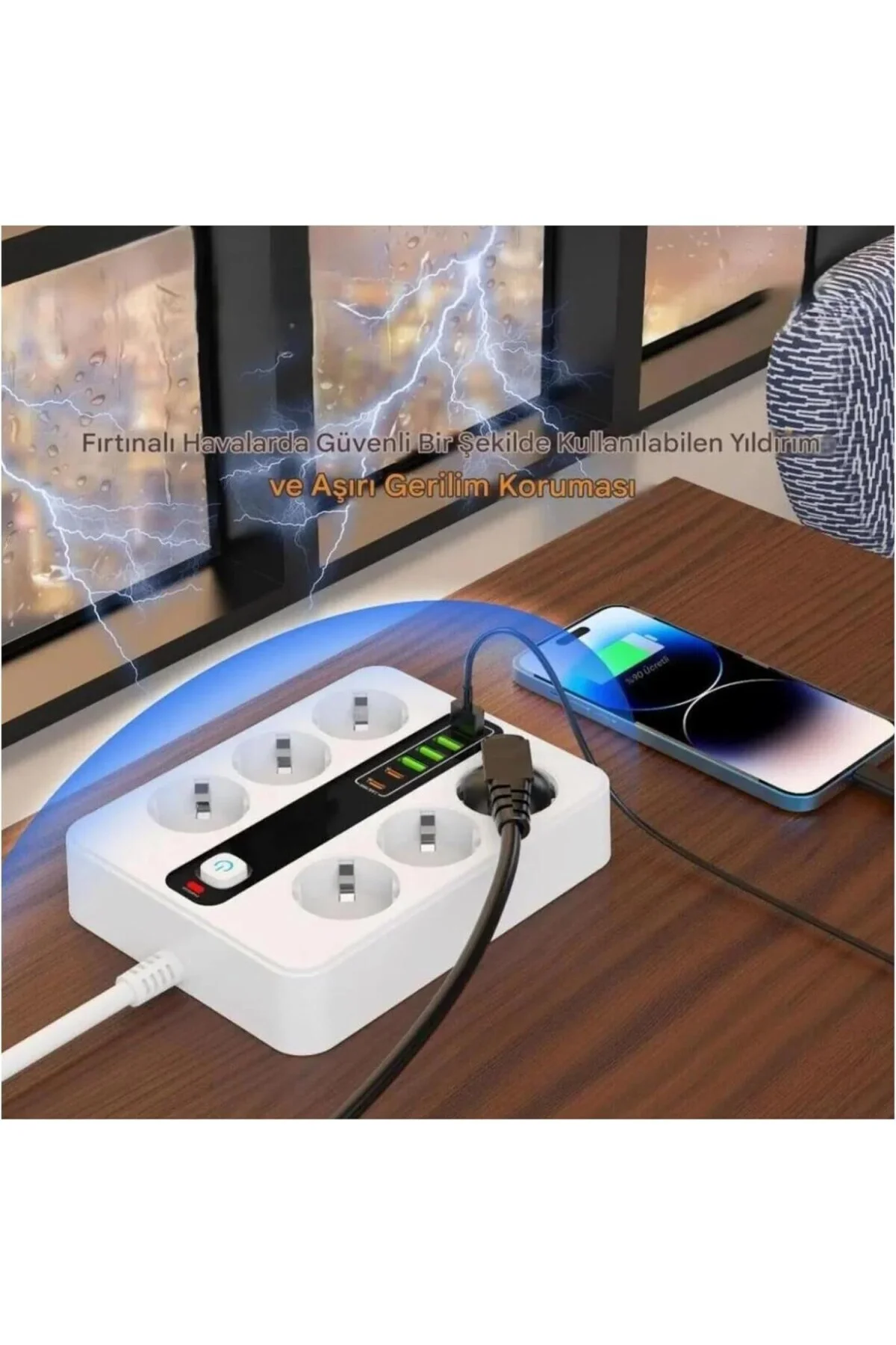 Akım Korumalı Çoklu Priz, 6 Priz Girişi 4 USB 2 Type-C Şarj İstas