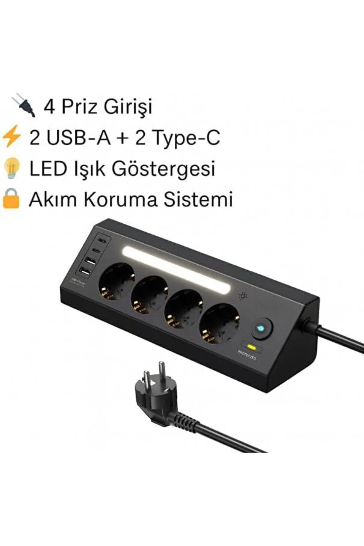 Akım Korumalı Çoklu Priz | 4 Priz Girişi + 2 USB-C + 2 USB-A Çıkı Akım Korumalı Çoklu Priz | 4 Priz Girişi + 2 USB-C + 2 USB-A Çıkı