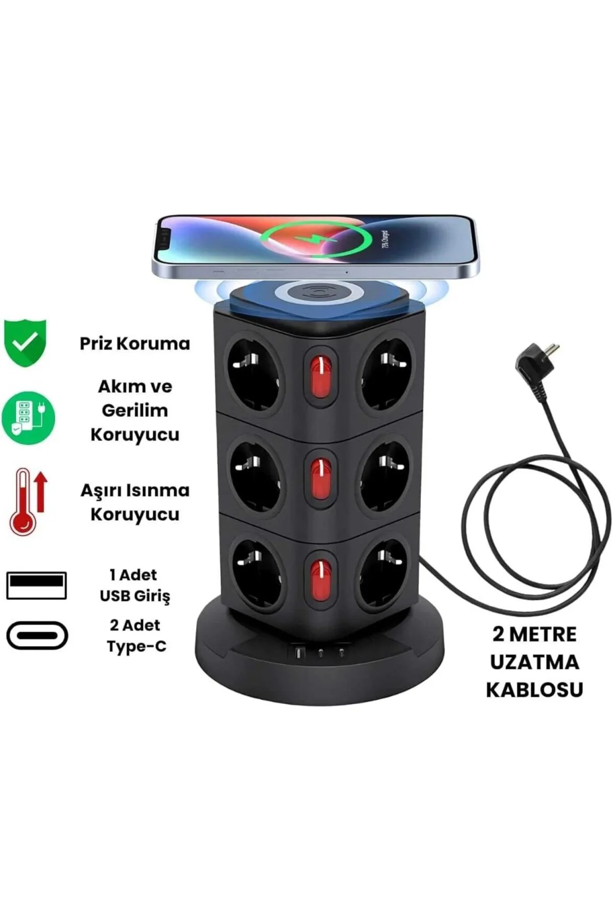 Akım Korumalı Çoklu Priz, 12 Adet AC Girişi, 1 Adet USB, 2 Adet T