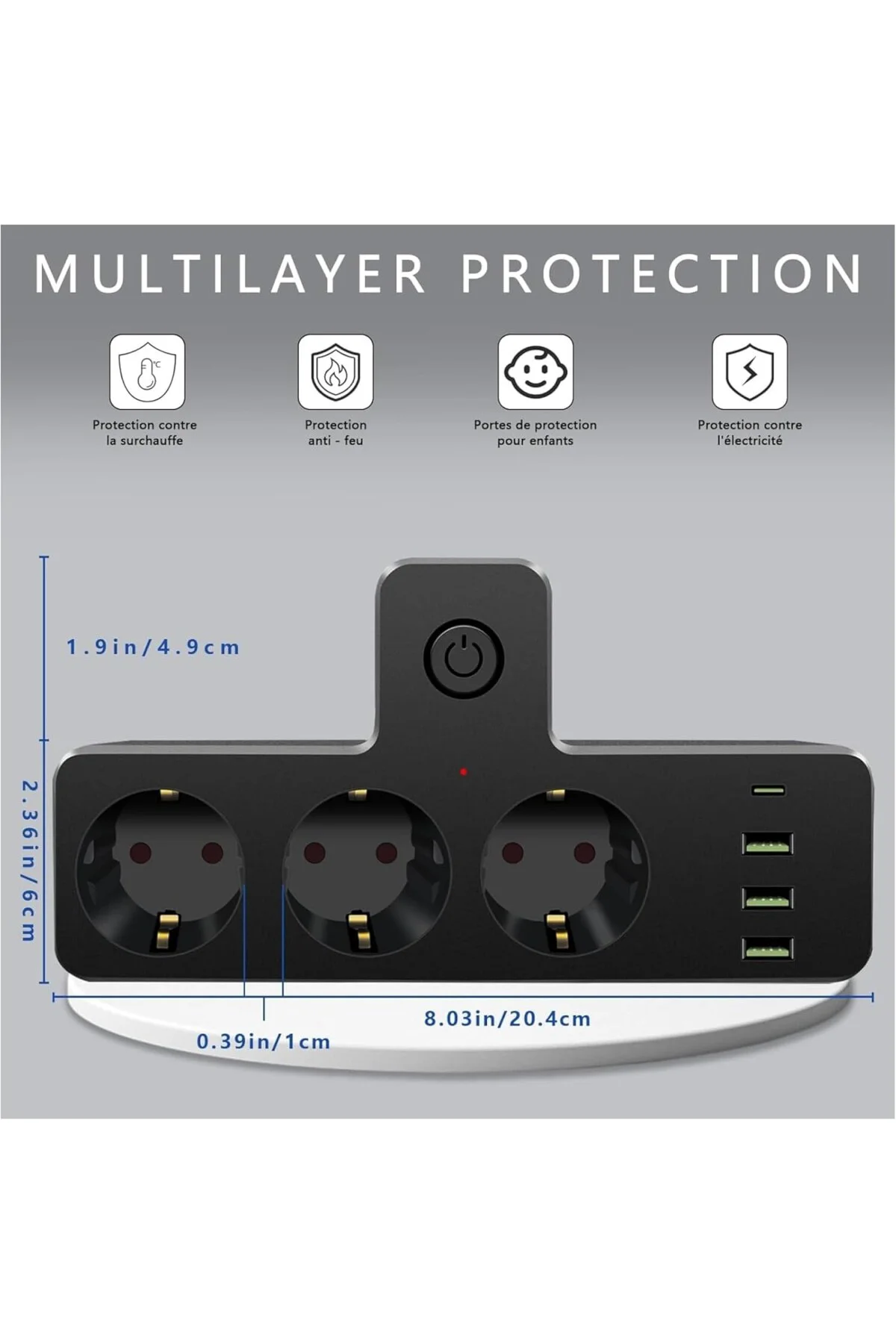 Akım Korumalı Çoklu Priz, 3 Adet USB 1 Adet Type-C Girişi, 3 Adet