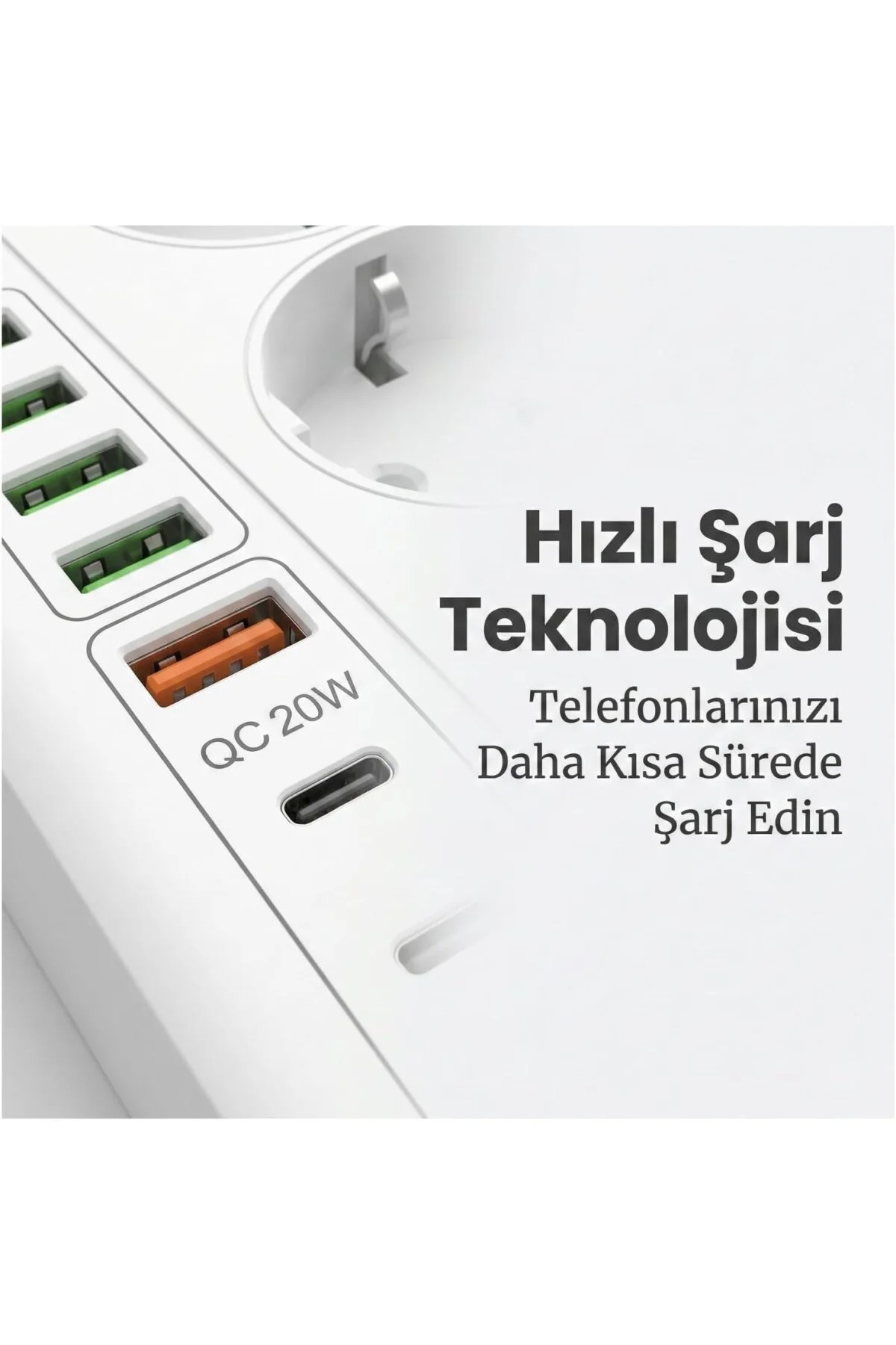 Akım Korumalı Çoklu Priz, 5 Adet USB ve Type-C Girişi, 5 Adet Pri