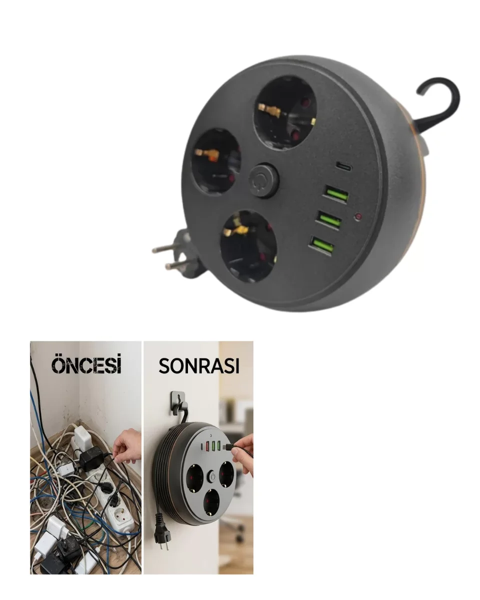 Akım Korumalı Çoklu Priz 3 Priz 3 USB 1 Type C - Ev ve Ofis İçin Güvenli Şarj Çözümü