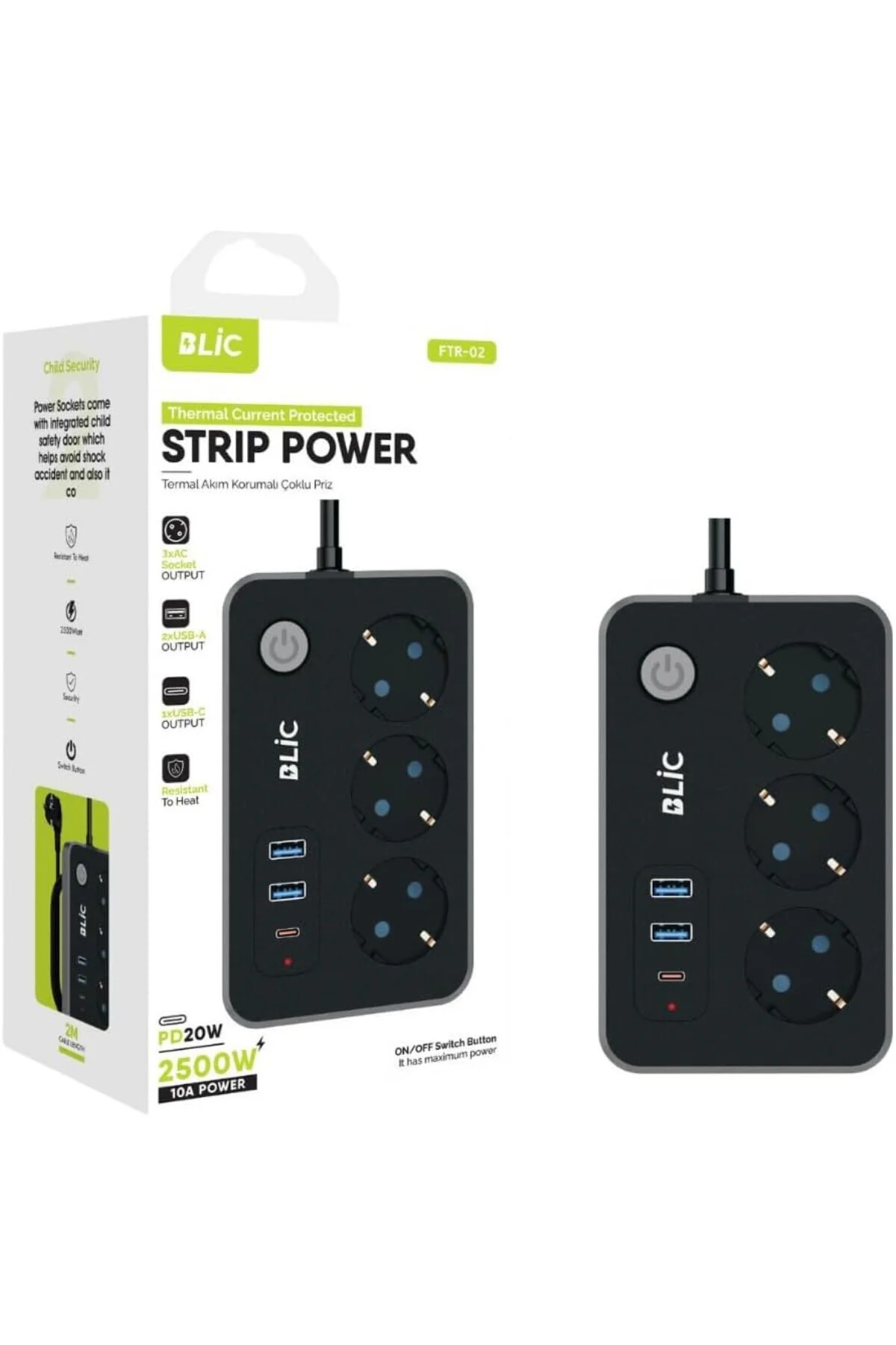 Akım Korumalı Priz, 3x Priz Soketi, 2x Usb Girişi, 1x Type-C Giri