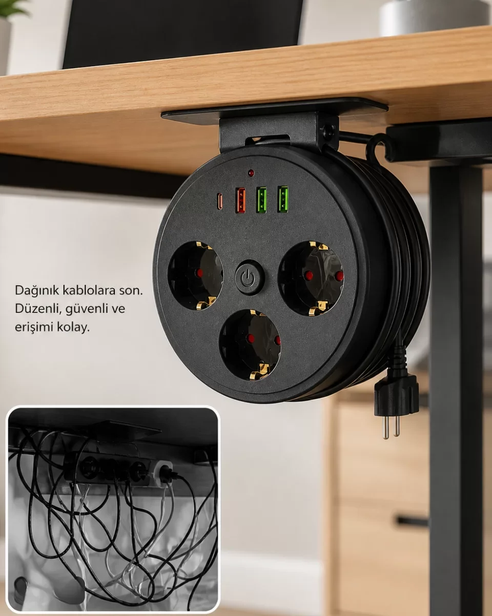 Akım Korumalı Priz USB ve Type C Girişli 3lü Priz 2 Metre Kablo - Hızlı Şarj ve Güvenli Kullanım